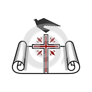 Christian illustration. Church logo. Cross and Holy Scripture