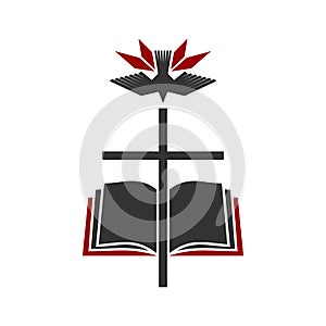 Christian illustration. Church logo. The cross of Jesus against the background of an open bible