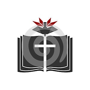 Christian illustration. Church logo. The cross of Jesus against the background of an open bible, on top is a dove