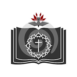 Christian illustration. Church logo. The cross of Jesus against the background of an open bible, on top is a dove