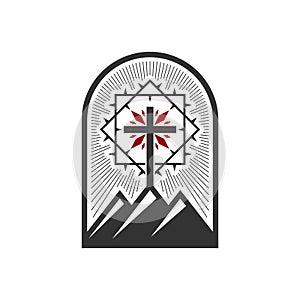 Christian illustration. Church logo. Cross of Jesus Christ on Mount Golgotha