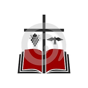 Christian illustration. Church logo. The cross of Jesus Christ, an open bible and a dove - a symbol of the Spirit