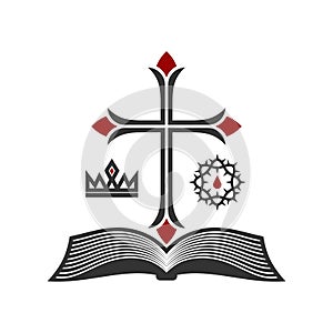 Christian illustration. Church logo. Cross of Jesus Christ, open bible and royal symbols