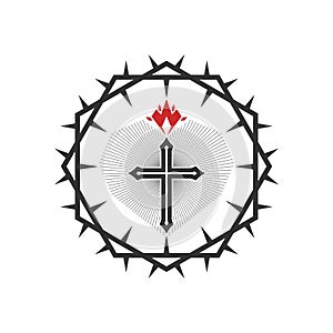 Christian illustration. Church logo. The cross of Jesus framed with a crown of thorns