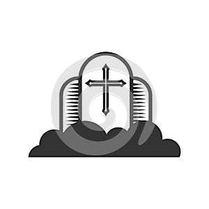 Christian illustration. Church logo. Cross of the Lord Jesus Christ against the background of clouds, the kingdom of God