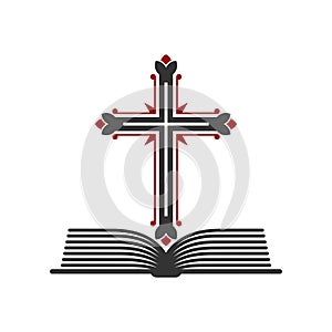 Christian illustration. Church logo. Cross of the Lord Jesus Christ and an open bible