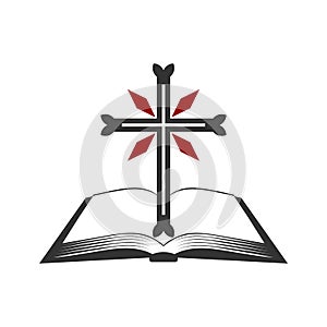 Christian illustration. Church logo. Cross of the Lord Jesus Christ and an open bible