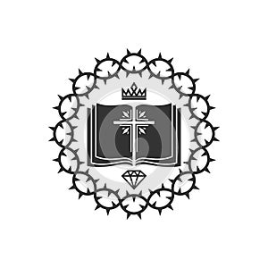 Christian illustration. Church logo. Cross and open bible framed by the crown of thorns of Jesus Christ