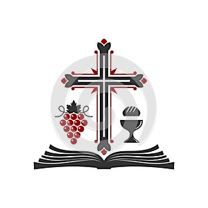 Christian illustration. Church logo. Cross, open bible, holy grail and vine