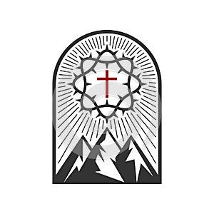 Christian illustration. Church logo. Crown of thorns, cross and mountains