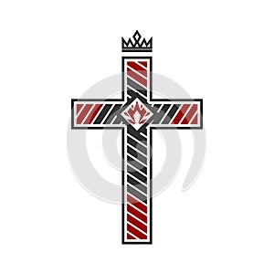 Christian illustration. Church logo. Crucifixion cross and fire inside