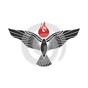 Christian illustration. Church logo. The dove and the flame are symbols of the Holy Spirit of God