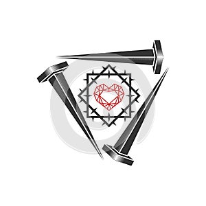 Christian illustration. Church logo. Heart of Jesus in a crown of thorns, framed by crucifixion nails