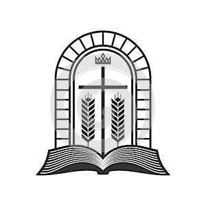 Christian illustration. Church logo. Open bible, ripe ears of corn and the cross of Jesus