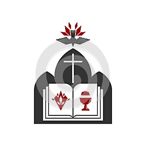Christian illustration. Church logo. Open bible, symbols of the Spirit and Holy Communion