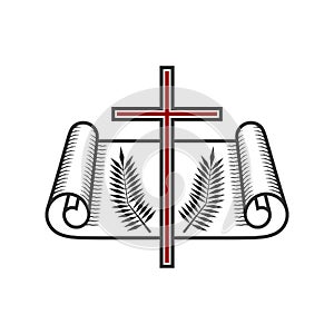 Christian illustration. Church logo. Scroll of Holy Scripture and the cross of Jesus Christ