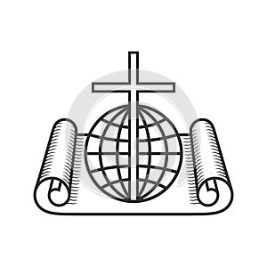 Christian illustration. Church logo. Scroll of Scripture, cross and globe