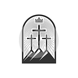 Christian illustration. Church logo. Three crosses on Golgotha