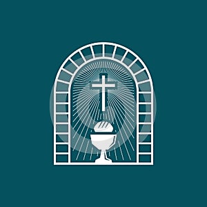 Christian illustration. Cross, holy chalice and bread