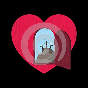 Christian illustration. The door of the heart is opened and through it is visible Golgotha and three crosses