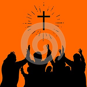 Christian illustration. Group worship, raised hands, praise.