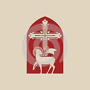 Christian illustration. Lamb of God and crucifixion cross