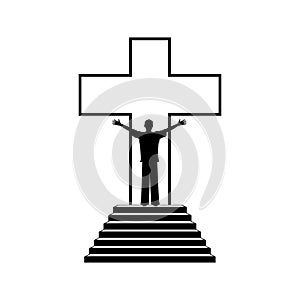 Christian illustration. Man in the background of the cross of Jesus Christ