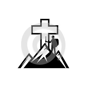 Christian illustration. The man on the mountain goes to the cross of Jesus Christ