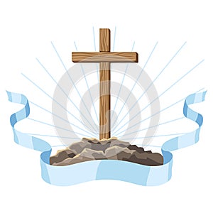 Christian illustration of wooden cross. Happy Easter image.