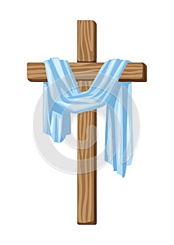 Christian illustration of wooden cross and shroud. Happy Easter image.