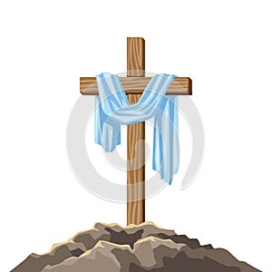 Christian illustration of wooden cross and shroud. Happy Easter image.