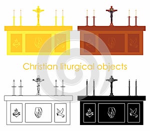Christian liturgical objects. Gold and wood. Black fill. Outline only.