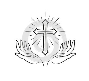 Christian Logo. Religious community symbol, icon. Hands and cross, vector illustration photo