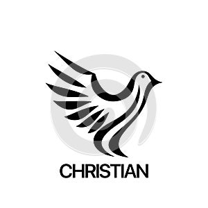 Christian Logo template with dove, pigeon. Black and white christian holy spirit symbol.