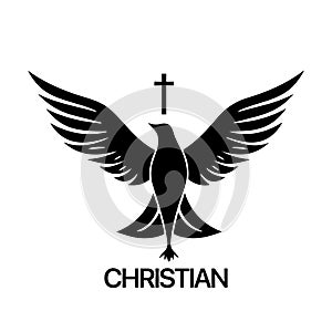 Christian Logo template with dove, pigeon. Black and white christian holy spirit symbol.