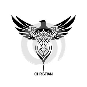 Christian Logo template with dove, pigeon. Black and white christian holy spirit symbol.