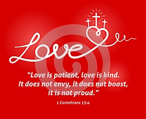 Christian Love scripture with heart and cross on red background