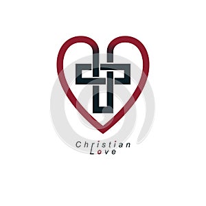 Christian Love and True Belief in God vector creative symbol design, combined with Christian Cross and heart, vector logo or sign.