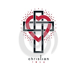 Christian Love and True Belief in God vector creative symbol design, combined with Christian Cross and heart, vector logo or sign.