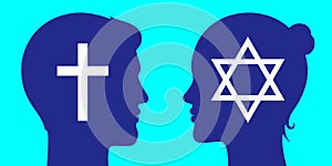 Christian man and jew woman standing together. Different religion couple concept vector illustration.