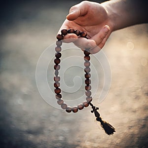 A man prays holding a rosary in his hand