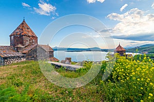 christian monastery Sevanavank and lake Sevan at sunset