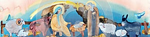 Christian nativity scene border on blue watercolor background. Virgin Mary, Jesus Christ, Joseph, sheep, animals in the cave