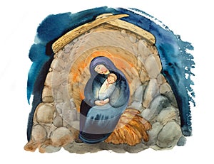 Christian nativity scene: Mary with Jesus Christ as a baby in a cave in a stable. Holy night of bethlehem. Merry Christmas