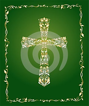 Christian ornate cross with floral gold pattern and vintage frame on green background