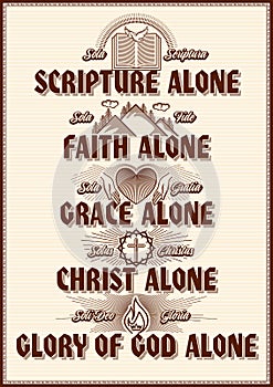 Christian poster. Five points of the foundation of Protestant theology `Five solas`.