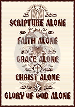 Christian poster. Five points of the foundation of Protestant theology `Five solas`. photo