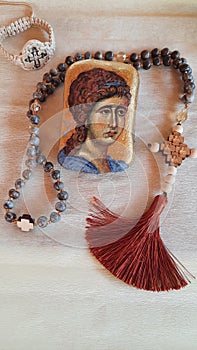 Christian prayer beads and icon