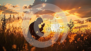 Christian prayer. Man on his knees praying on sunset background. Kneeling prayer to God.