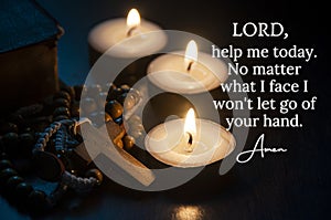 Christian prayer text seeking for help with Holy Rosary and burning candles background. Christian prayer and religion